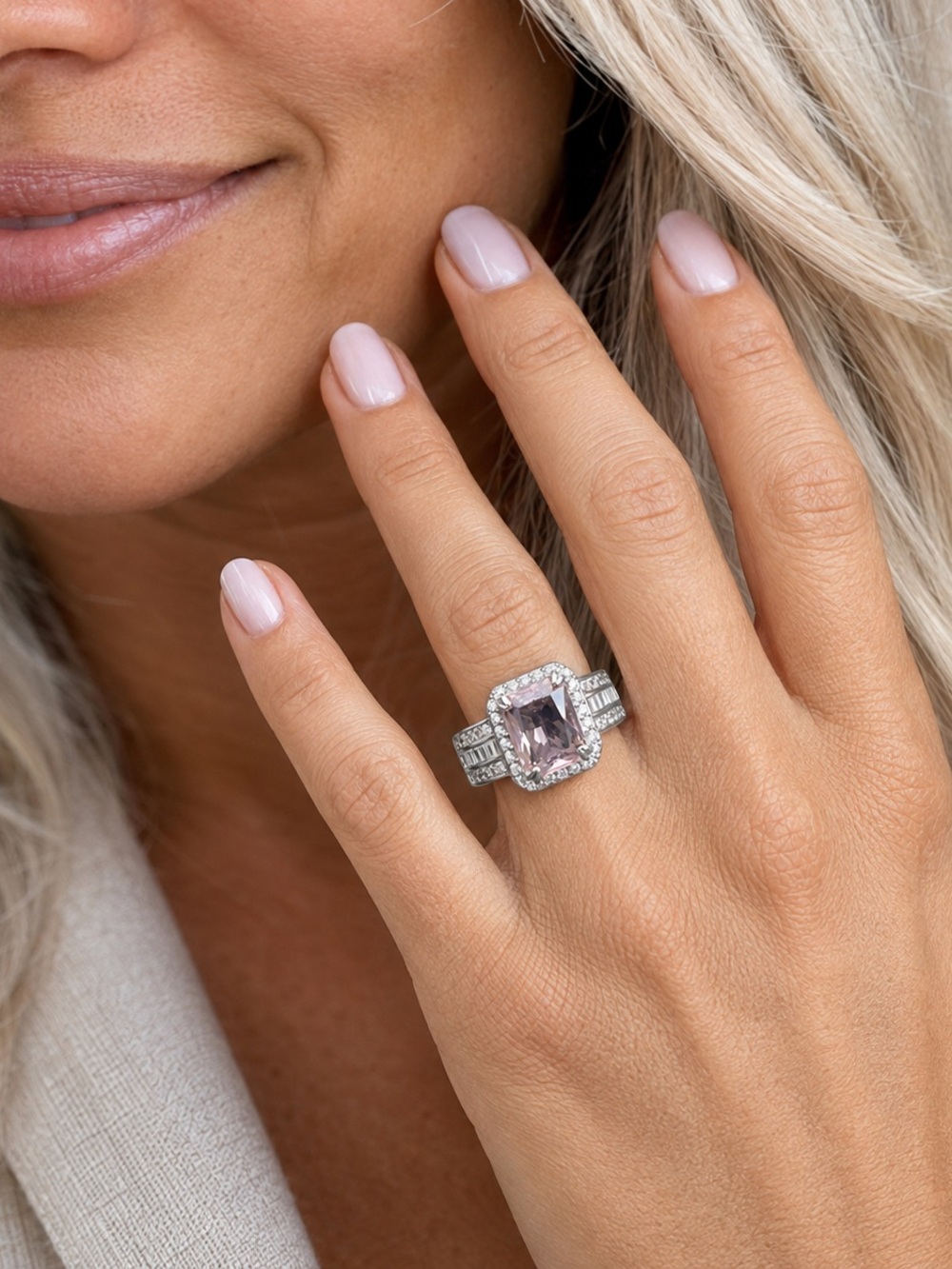 It’s Destiny Lab-Created Morganite Rhodium-Plated Halo Statement Ring